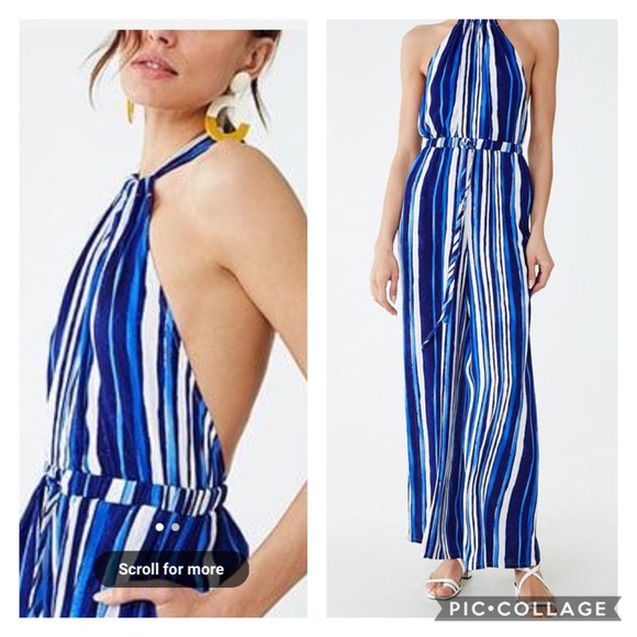 Forever 21 Pants - Forever 21 Striped Halter Open Back Jumpsuit M
